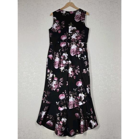 Enfocus High Low Maxi Sheath Dress 14W Black Pink Floral Rose Sleeveless Evening - Picture 6 of 14